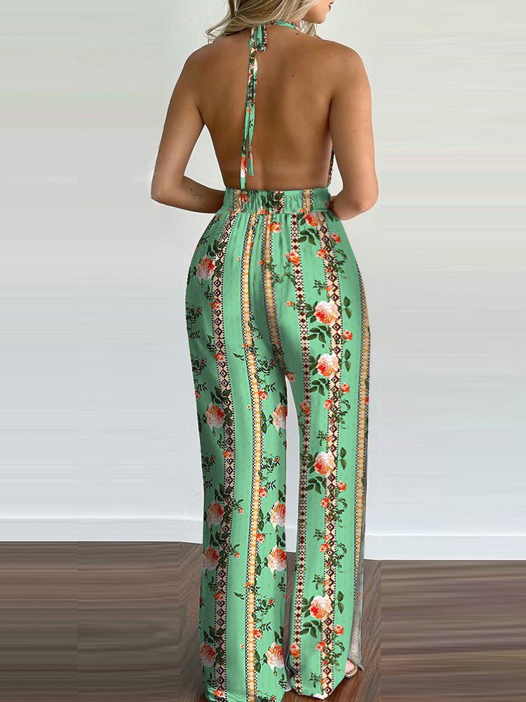 Women's Jumpsuits Printed Halterneck Open Back Slit Jumpsuit - LuckyFash™