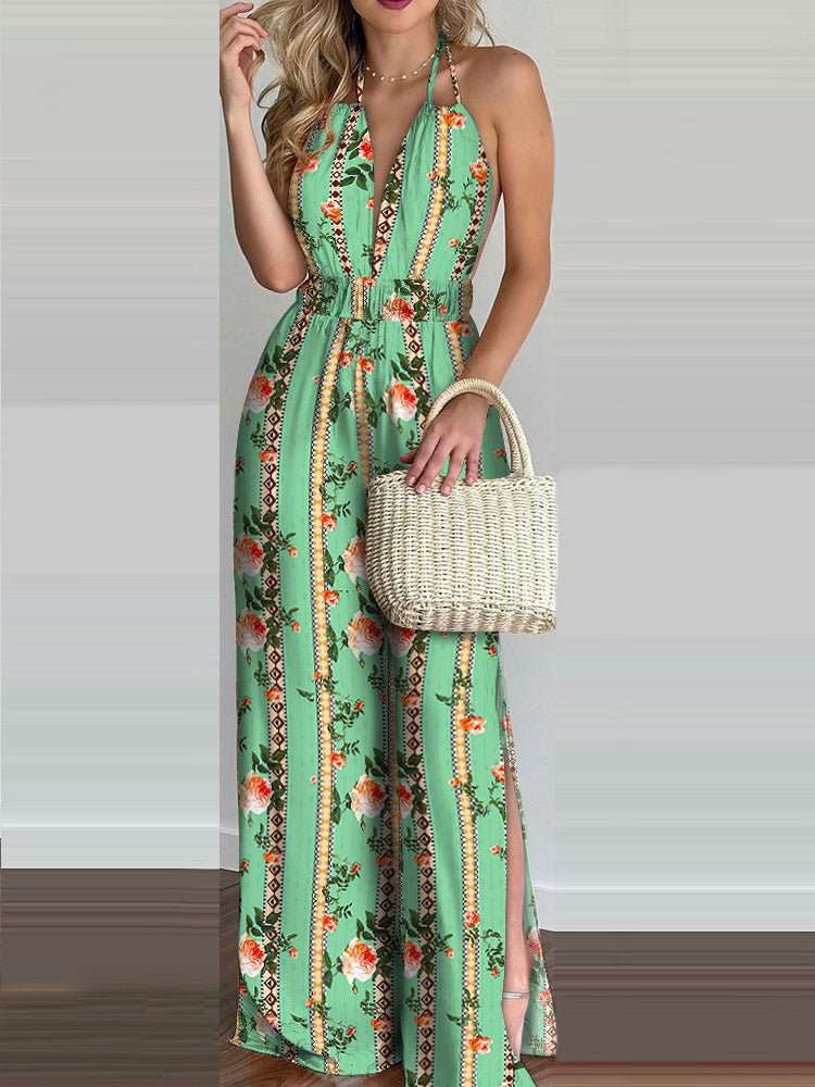 Women's Jumpsuits Printed Halterneck Open Back Slit Jumpsuit - LuckyFash™