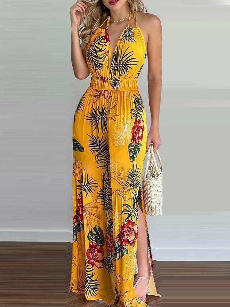 Women's Jumpsuits Printed Halterneck Open Back Slit Jumpsuit - LuckyFash™