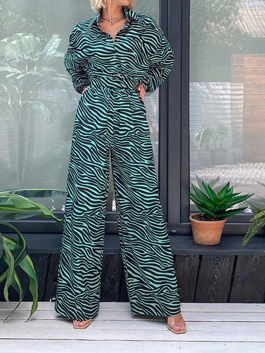 Women's Jumpsuits Printed Lapel Long Sleeve High Waist Casual Jumpsuit - LuckyFash™