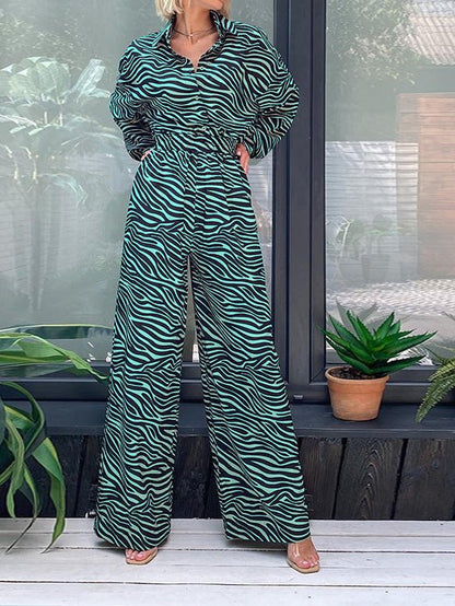 Women's Jumpsuits Printed Lapel Long Sleeve High Waist Casual Jumpsuit - LuckyFash™