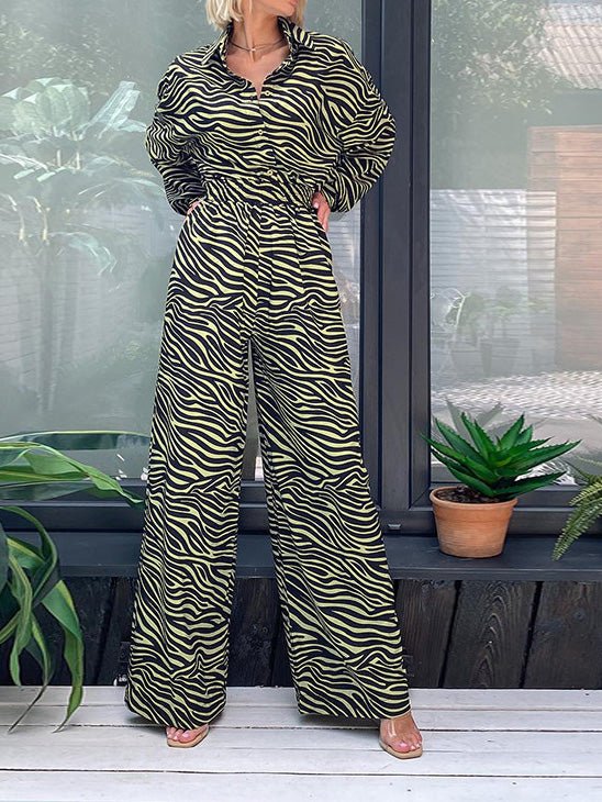 Women's Jumpsuits Printed Lapel Long Sleeve High Waist Casual Jumpsuit - LuckyFash™