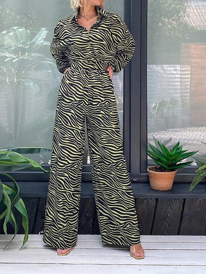 Women's Jumpsuits Printed Lapel Long Sleeve High Waist Casual Jumpsuit - LuckyFash™