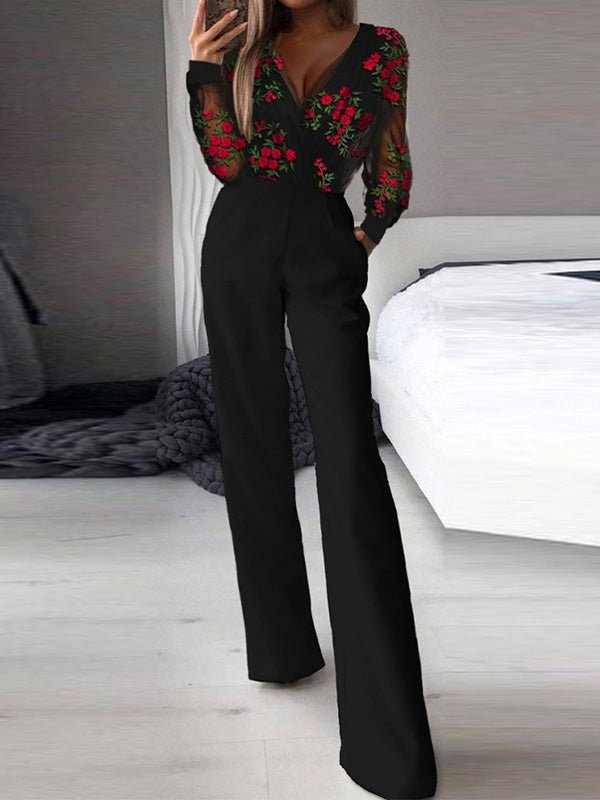Women's Jumpsuits Printed Mesh V-Neck Long Sleeve Jumpsuit - LuckyFash™
