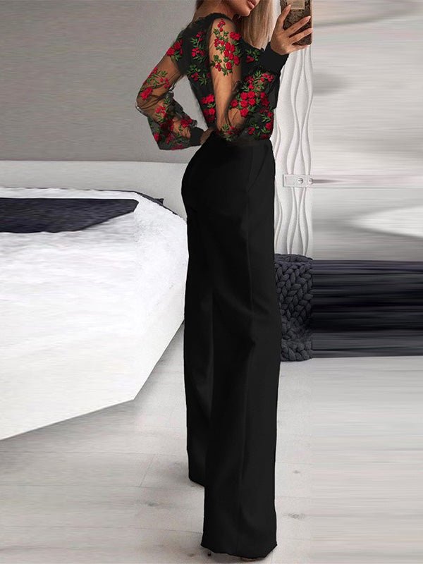 Women's Jumpsuits Printed Mesh V-Neck Long Sleeve Jumpsuit - LuckyFash™