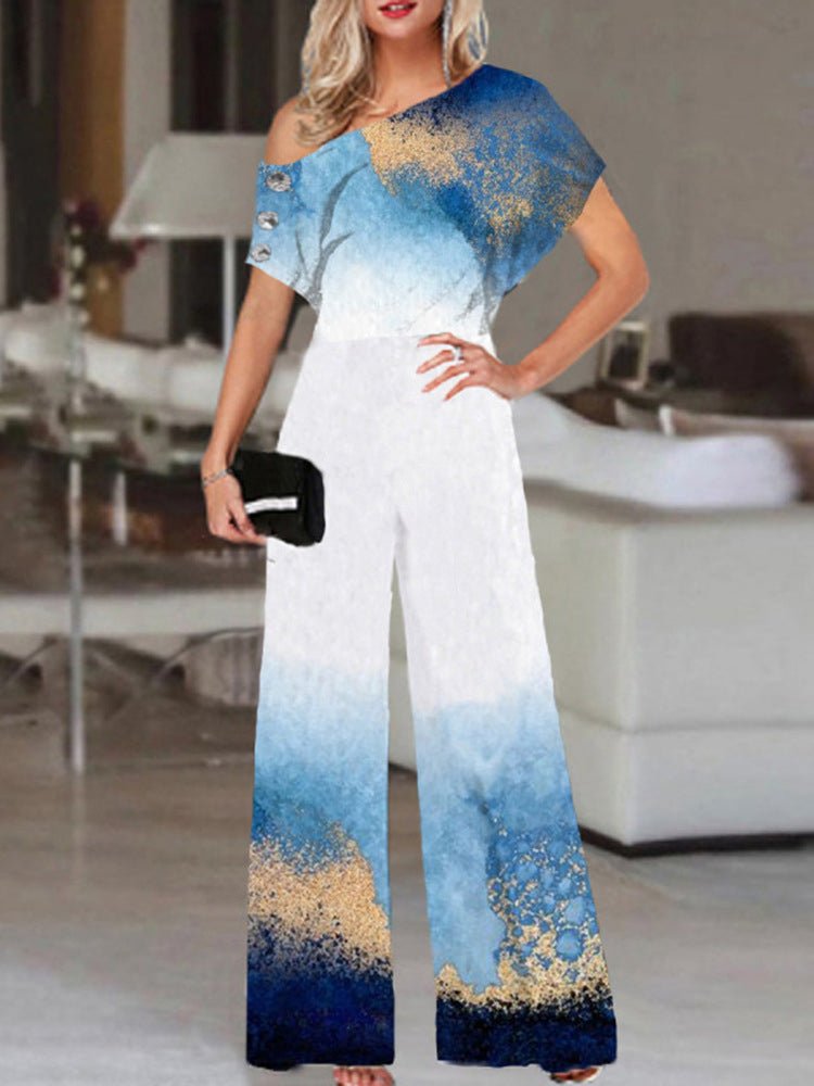 Women's Jumpsuits Printed Sloping Shoulder Wide Leg Jumpsuit - LuckyFash™