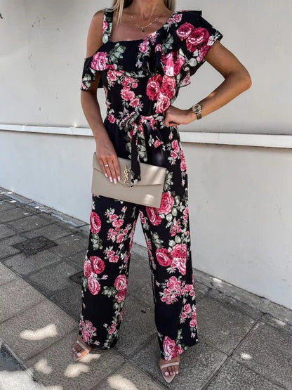Women's Jumpsuits Printed Suspender Belted Sloping Shoulder Jumpsuit - LuckyFash™