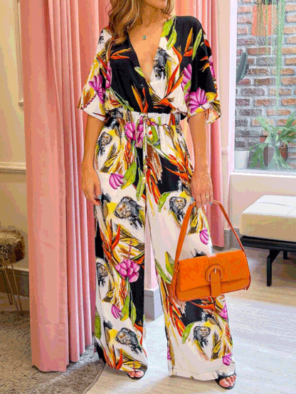 Women's Jumpsuits Printed V-Neck Short Sleeve Drawstring Jumpsuit - LuckyFash™