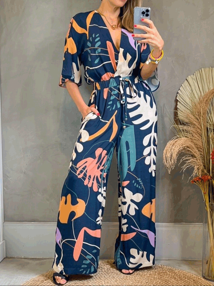 Women's Jumpsuits Printed V-Neck Short Sleeve Drawstring Jumpsuit - LuckyFash™