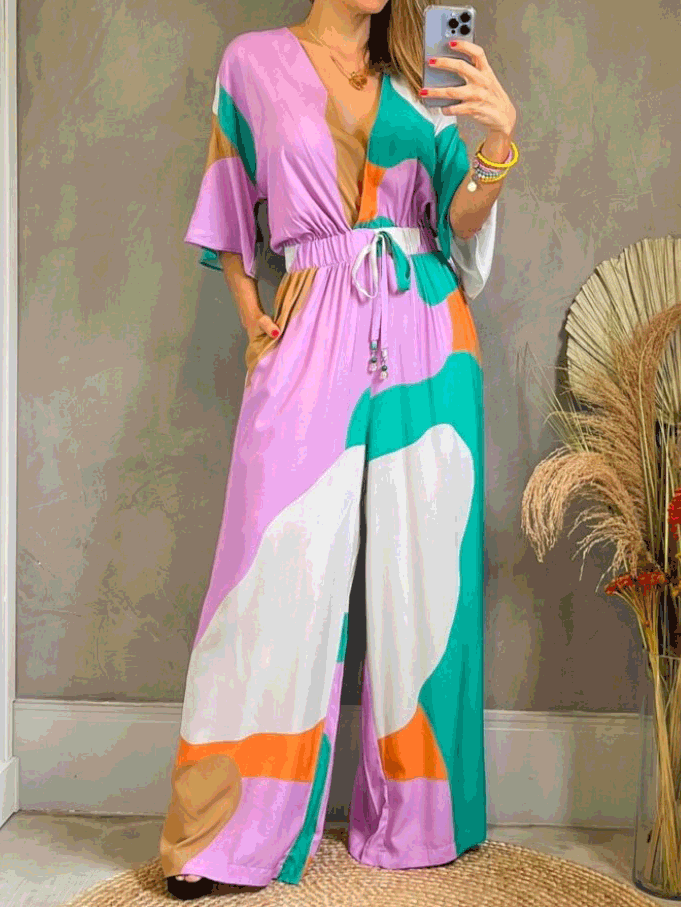 Women's Jumpsuits Printed V-Neck Short Sleeve Drawstring Jumpsuit - LuckyFash™