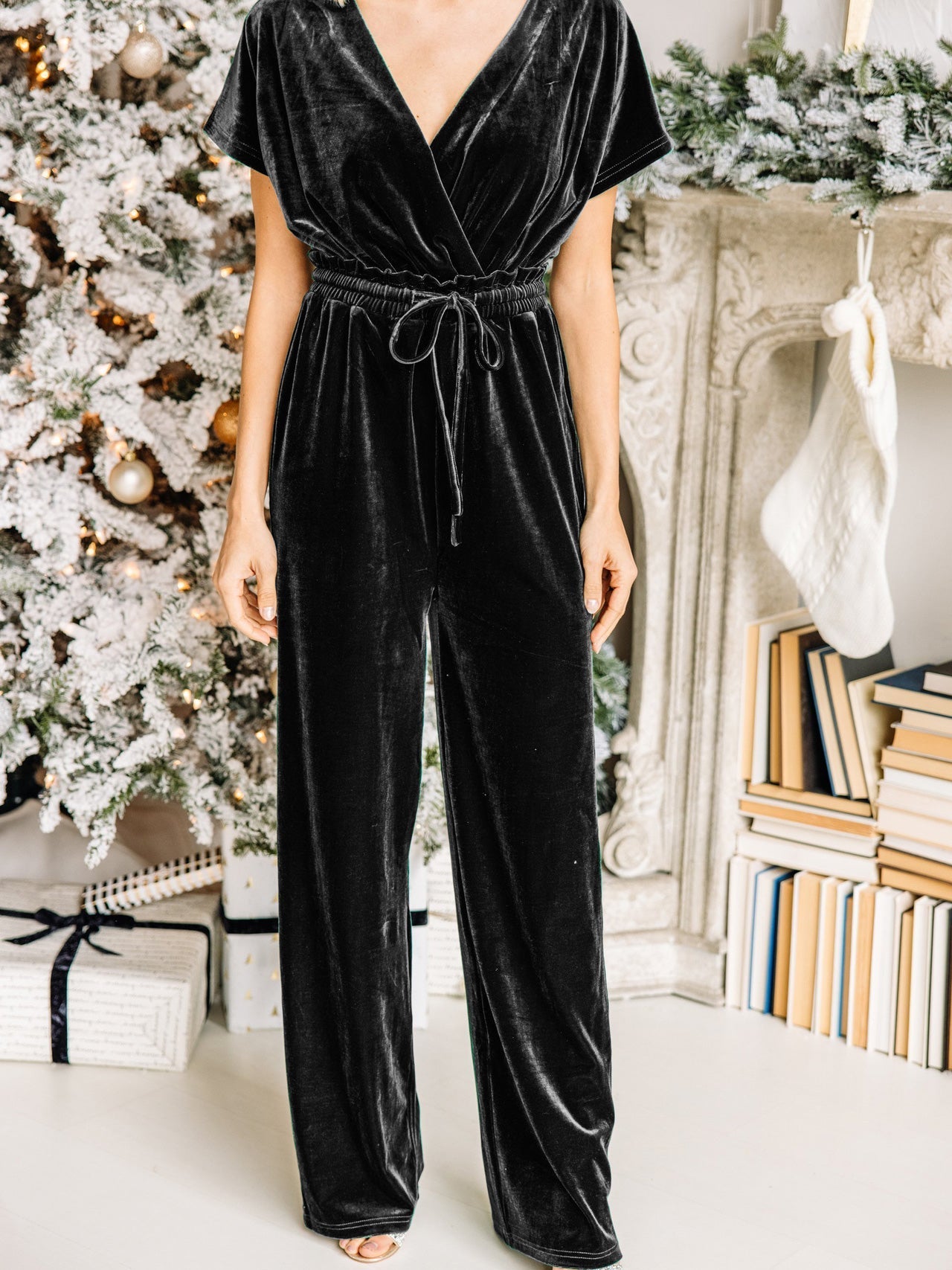 Women's Jumpsuits Pure V-Neck Belted Gold Velvet Jumpsuit - LuckyFash™