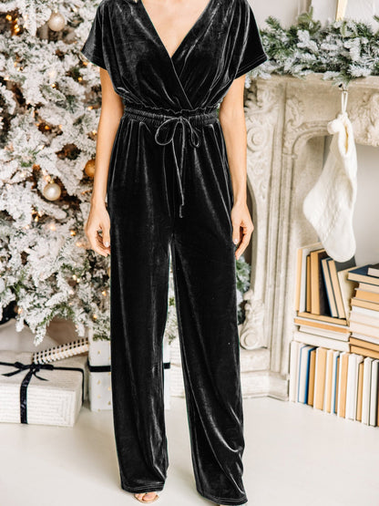 Women's Jumpsuits Pure V-Neck Belted Gold Velvet Jumpsuit - LuckyFash™