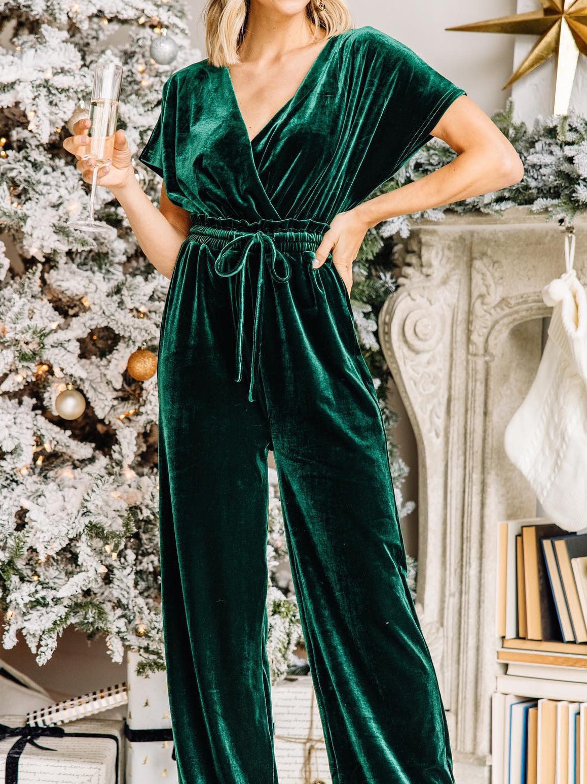 Women's Jumpsuits Pure V-Neck Belted Gold Velvet Jumpsuit - LuckyFash™