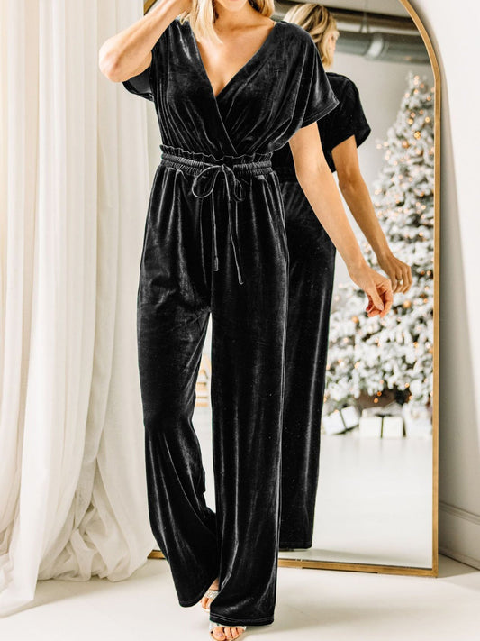 Women's Jumpsuits Pure V-Neck Belted Gold Velvet Jumpsuit - LuckyFash™