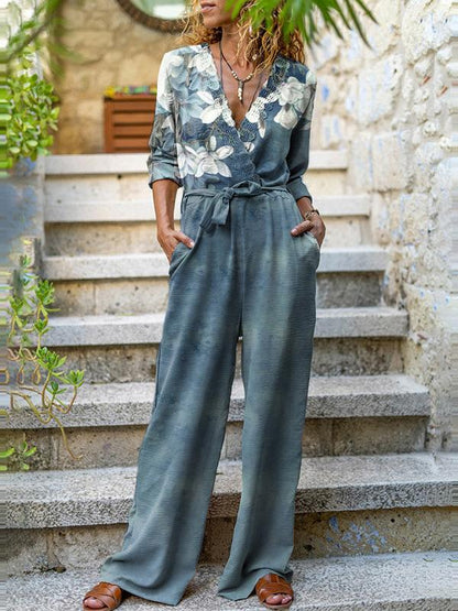 Women's Jumpsuits Retro Print Long Sleeve Pocket Jumpsuit - LuckyFash™