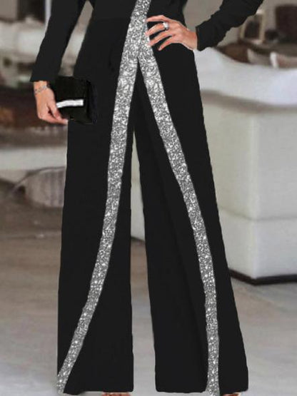 Jumpsuits Sequin Paneling Slanted Shoulder Long Sleeve Wide Leg Jumpsuit - LuckyFash™