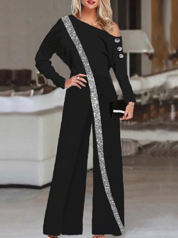 Women's Jumpsuits Sequin Stitching Off Shoulder Wide Leg Jumpsuit - LuckyFash™