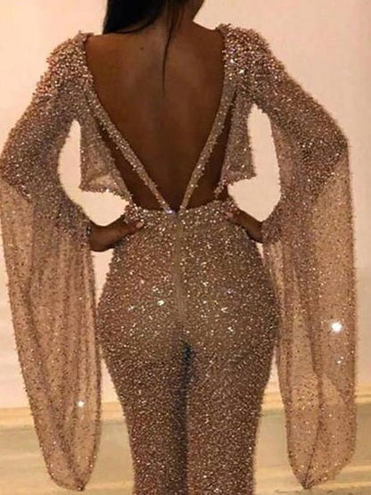 Women's Jumpsuits Shiny Hollow Long Sleeve Open Back Jumpsuit - LuckyFash™