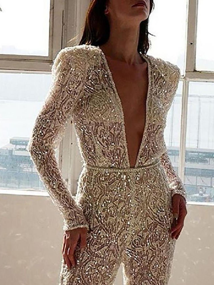 Women's Jumpsuits Shiny V-Neck Long Sleeve Jumpsuit - LuckyFash™