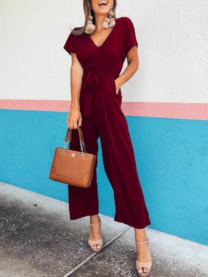 Women's Jumpsuits Short Sleeve V-Neck Belted Pocket Jumpsuit - LuckyFash™