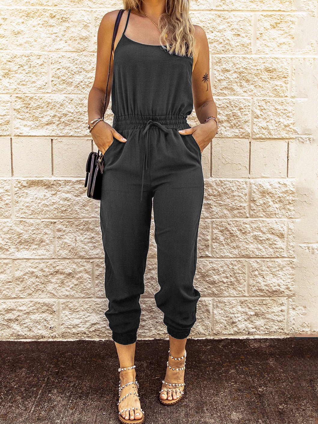Women's Jumpsuits Sling Tie Elastic Waist Pocket Slim Fit Jumpsuit - LuckyFash™