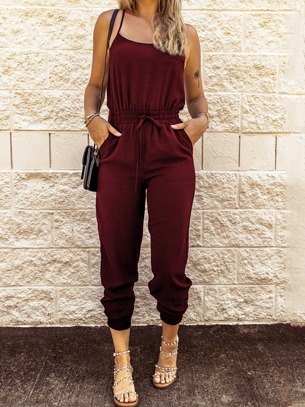 Women's Jumpsuits Sling Tie Elastic Waist Pocket Slim Fit Jumpsuit - LuckyFash™