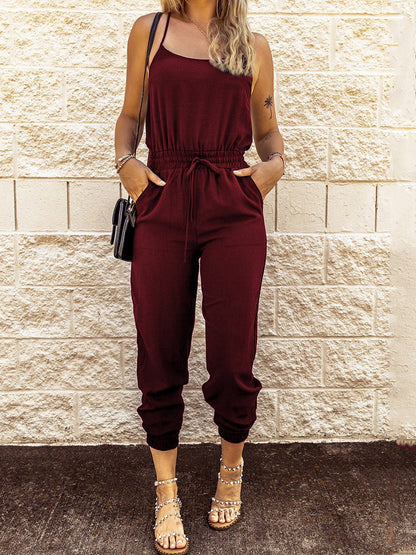 Women's Jumpsuits Sling Tie Elastic Waist Pocket Slim Fit Jumpsuit - LuckyFash™