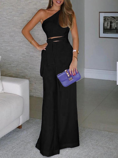 Women's Jumpsuits Sloping Shoulder Hollow Belted Wide-Leg Jumpsuit - LuckyFash™