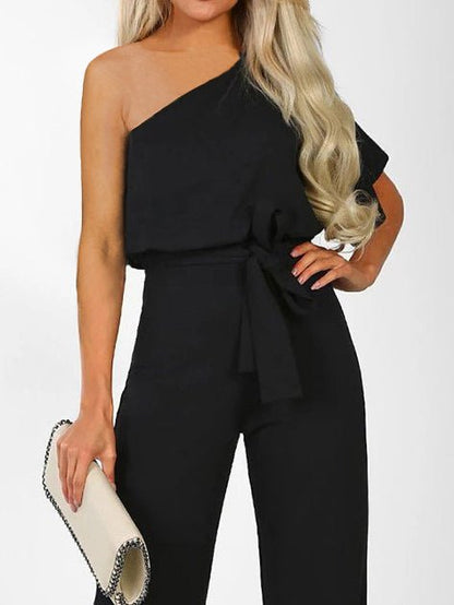 Women's Jumpsuits Sloping Shoulder Lace Up Short Sleeve Jumpsuit - LuckyFash™