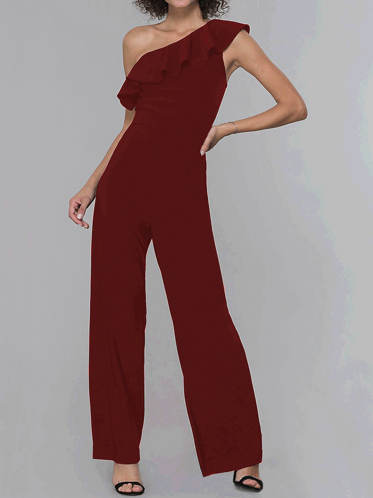 Women's  Jumpsuits Sloping Shoulder Solid Ruffle Jumpsuit - LuckyFash™