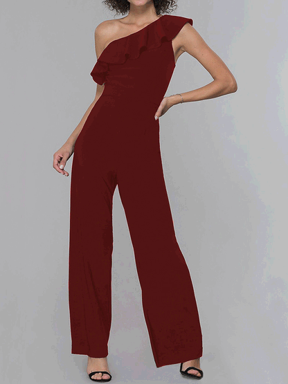 Women's  Jumpsuits Sloping Shoulder Solid Ruffle Jumpsuit - LuckyFash™