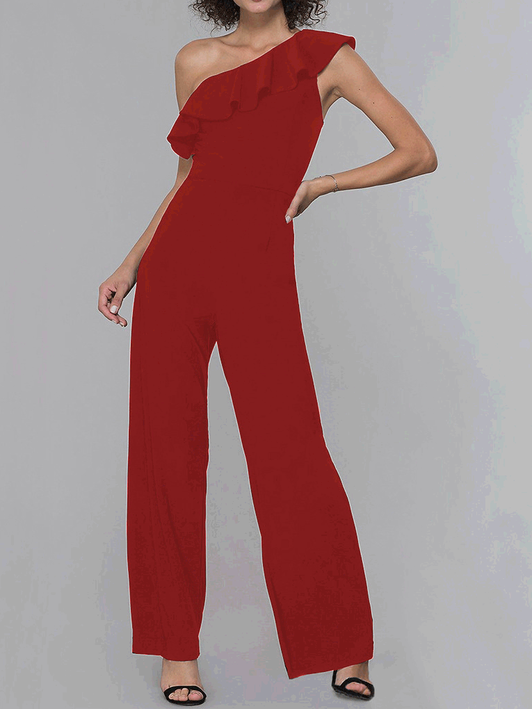 Women's  Jumpsuits Sloping Shoulder Solid Ruffle Jumpsuit - LuckyFash™