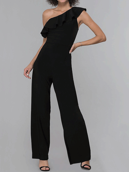 Women's  Jumpsuits Sloping Shoulder Solid Ruffle Jumpsuit - LuckyFash™