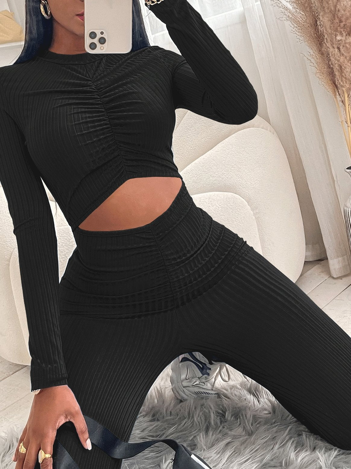 Women's Jumpsuits Smocked Long Sleeve Waist Hollow Skinny Jumpsuit - LuckyFash™