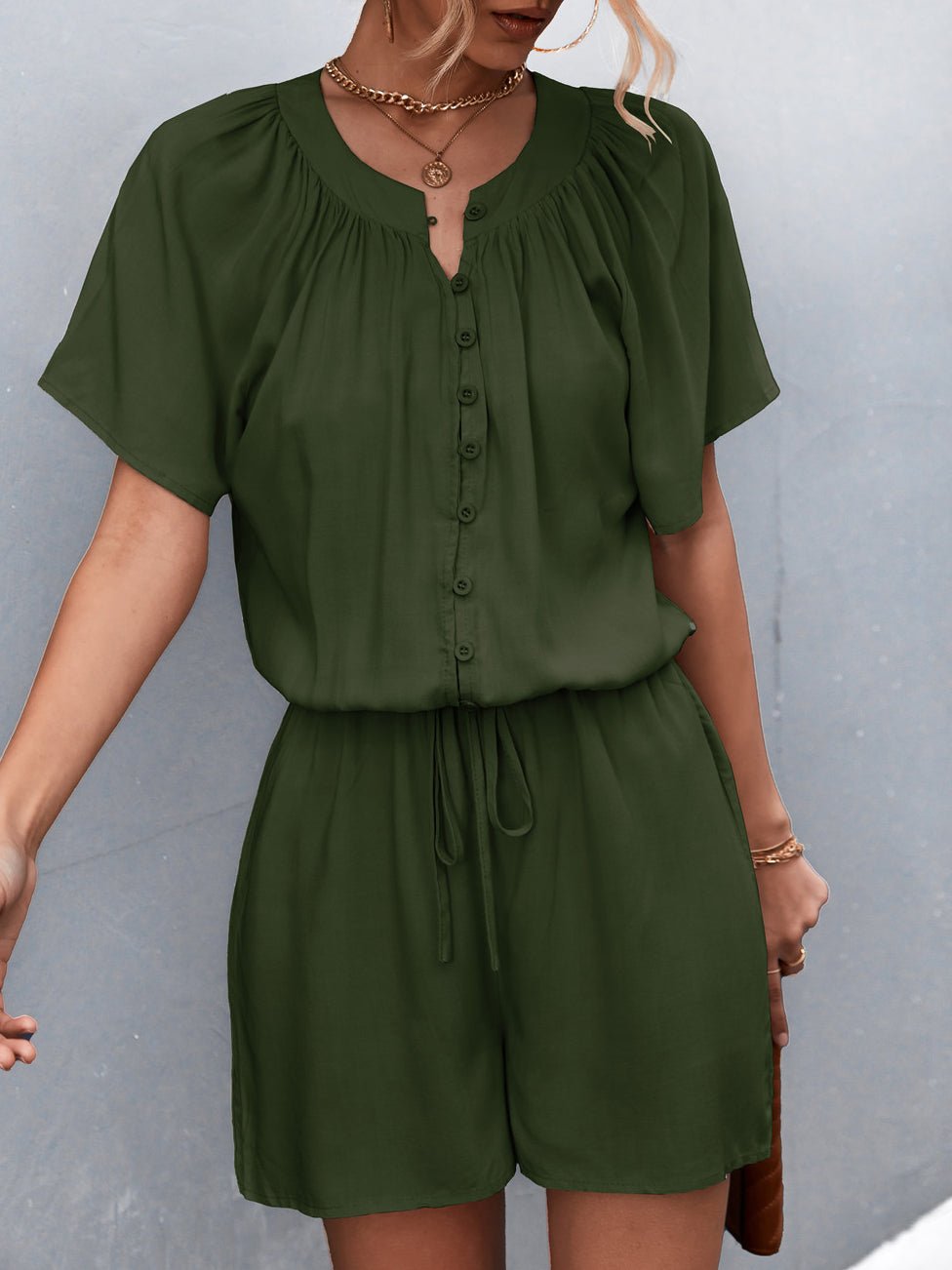 Women's Jumpsuits Solid Button Pleated Lace-Up Jumpsuit - LuckyFash™