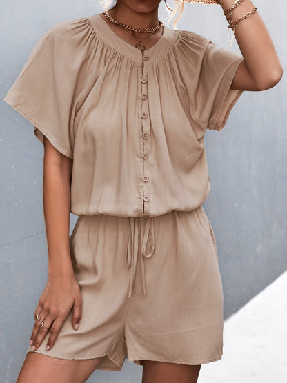 Women's Jumpsuits Solid Button Pleated Lace-Up Jumpsuit - LuckyFash™