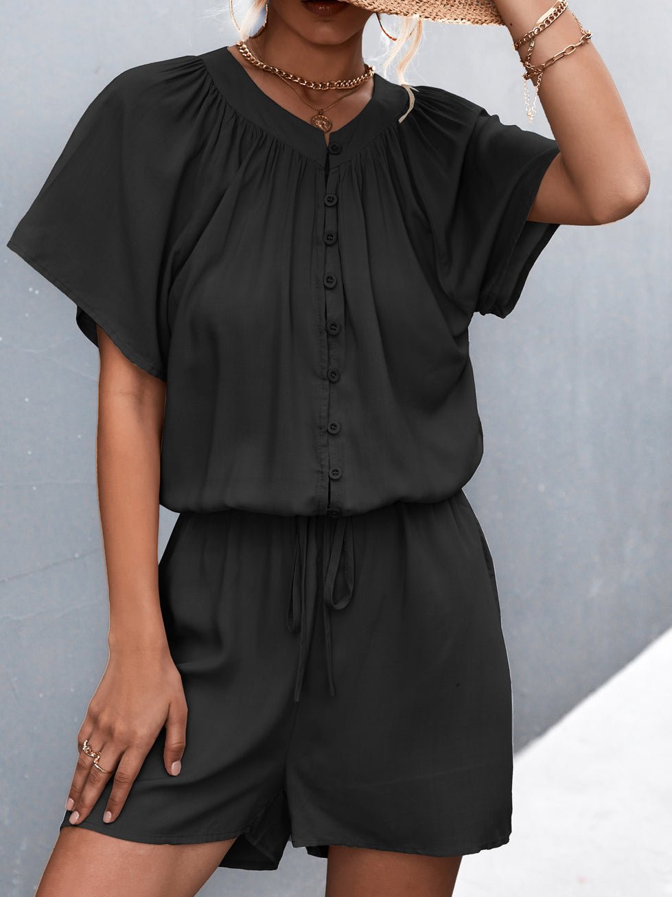 Women's Jumpsuits Solid Button Pleated Lace-Up Jumpsuit - LuckyFash™