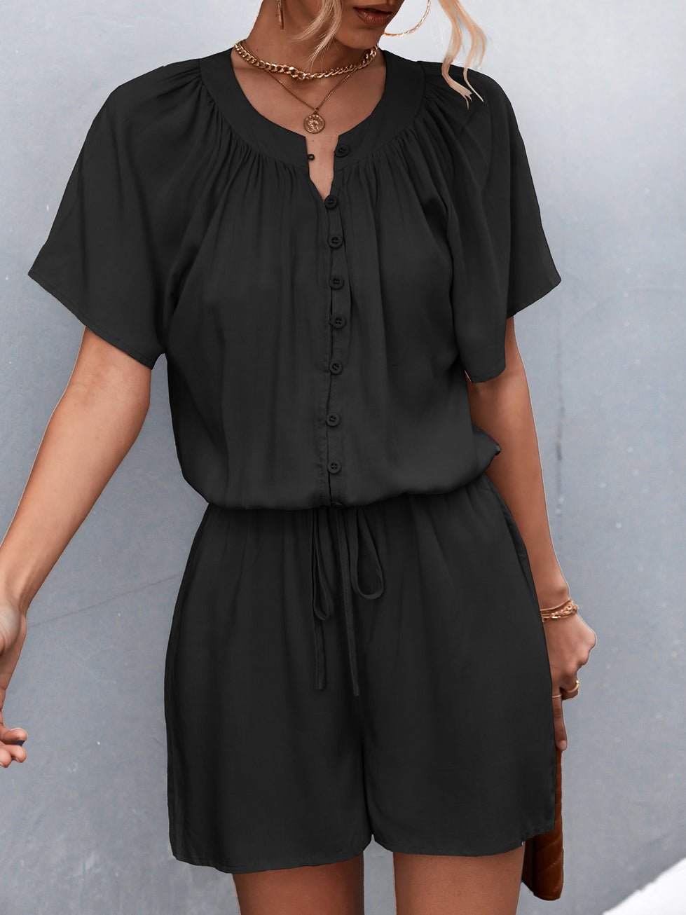 Women's Jumpsuits Solid Button Pleated Lace-Up Jumpsuit - LuckyFash™