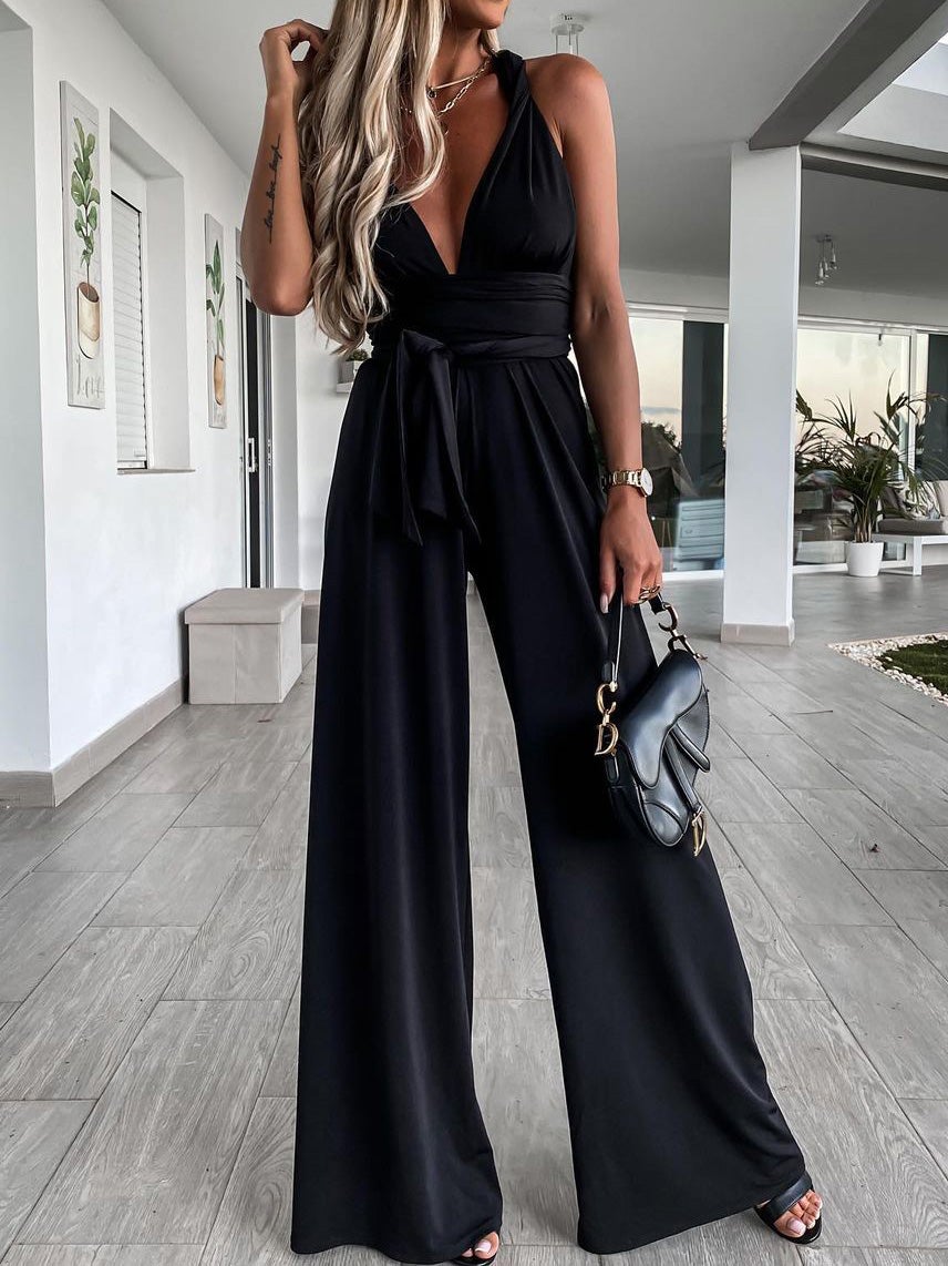 Women's Jumpsuits Solid Deep V-Neck Sleeveless Belted Jumpsuit - LuckyFash™