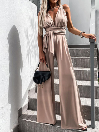 Women's Jumpsuits Solid Deep V-Neck Sleeveless Belted Jumpsuit - LuckyFash™