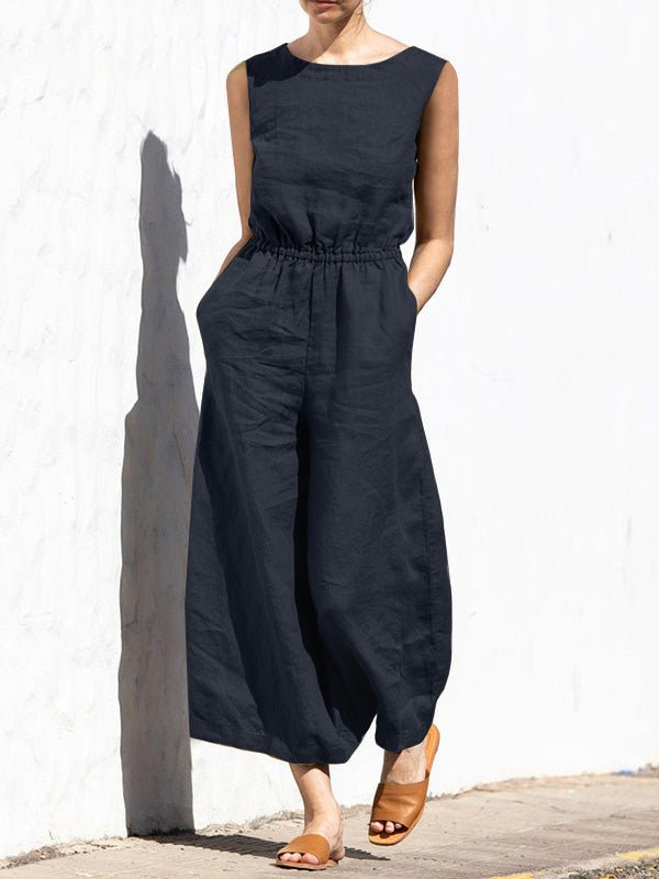 Women's Jumpsuits Solid Elastic Waist Pocket Sleeveless Jumpsuit - LuckyFash™