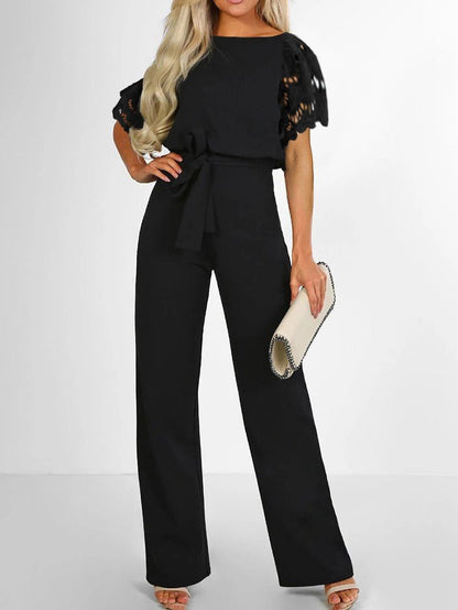 Women's Jumpsuits Solid Lace Up Lace Short Sleeve Jumpsuit - LuckyFash™