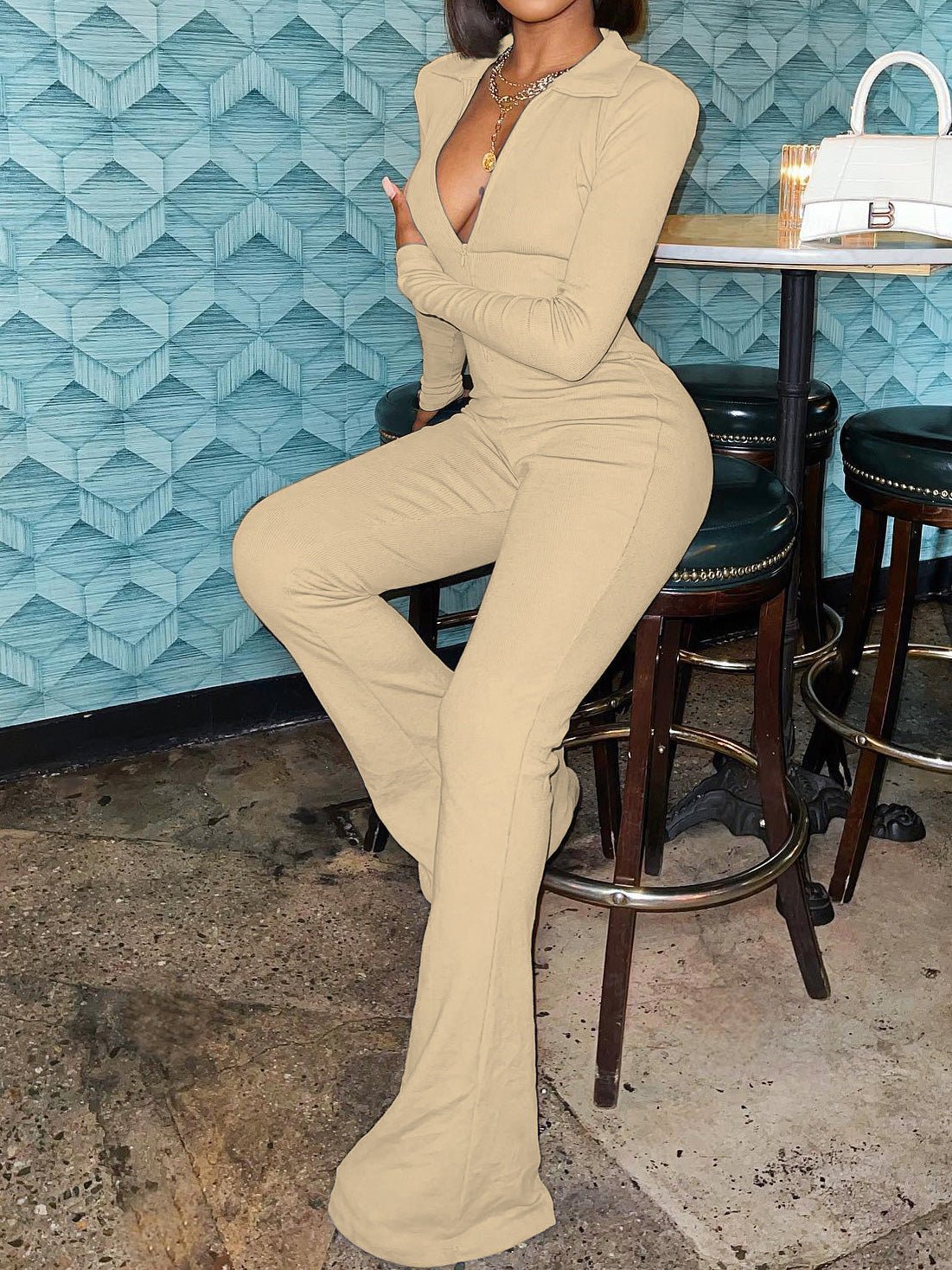 Women's Jumpsuits Solid Lapel Zip Long Sleeve Slim Fit Jumpsuit - LuckyFash™