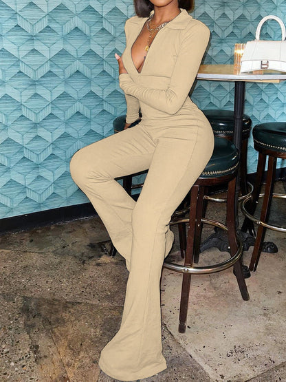 Women's Jumpsuits Solid Lapel Zip Long Sleeve Slim Fit Jumpsuit - LuckyFash™