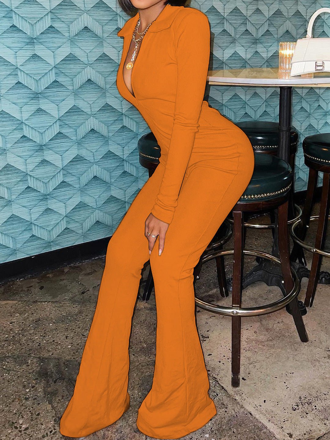 Women's Jumpsuits Solid Lapel Zip Long Sleeve Slim Fit Jumpsuit - LuckyFash™