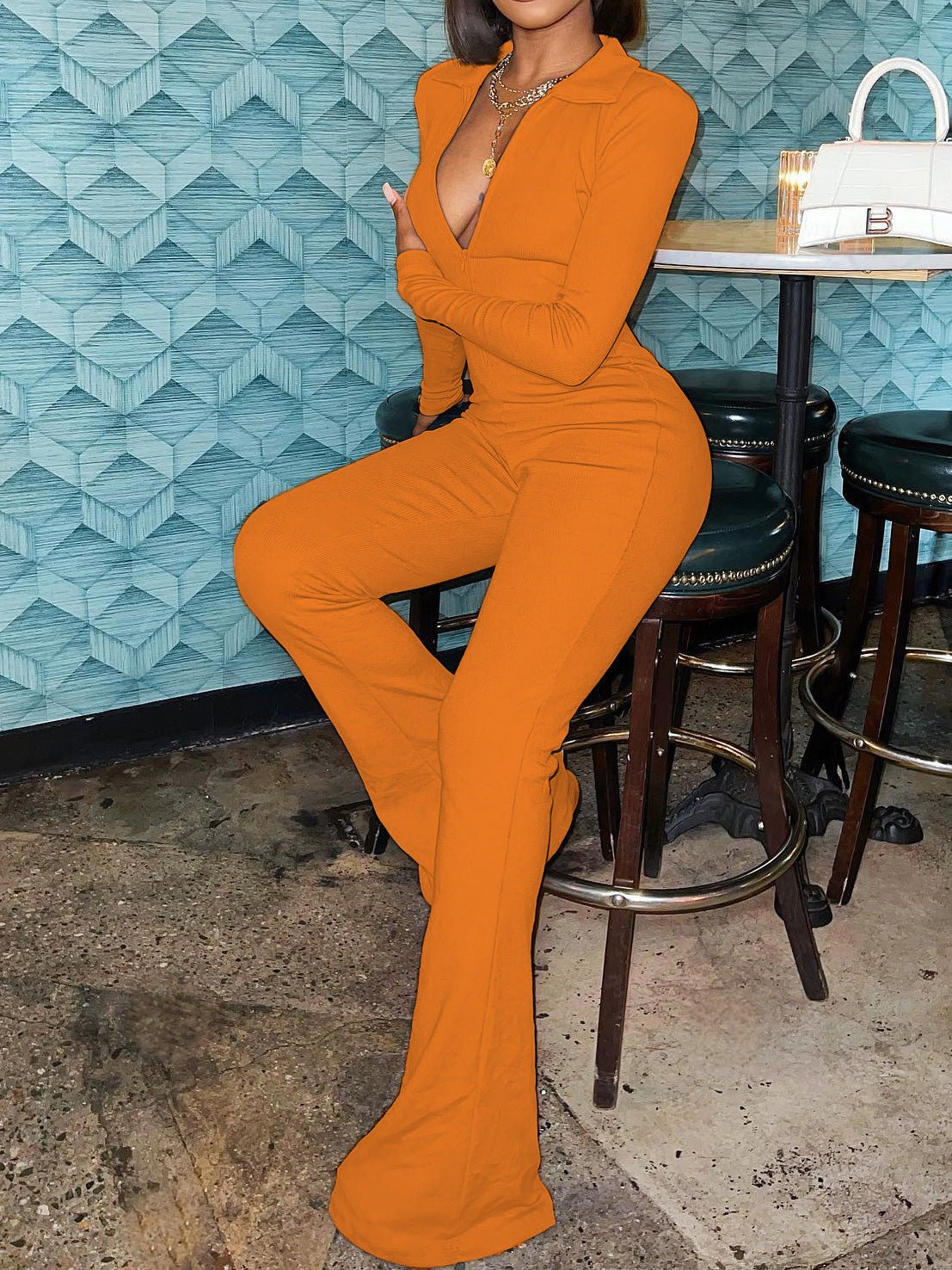 Women's Jumpsuits Solid Lapel Zip Long Sleeve Slim Fit Jumpsuit - LuckyFash™