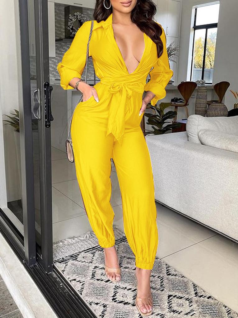 Women's Jumpsuits Solid Long Sleeve Belted Button Jumpsuit - LuckyFash™