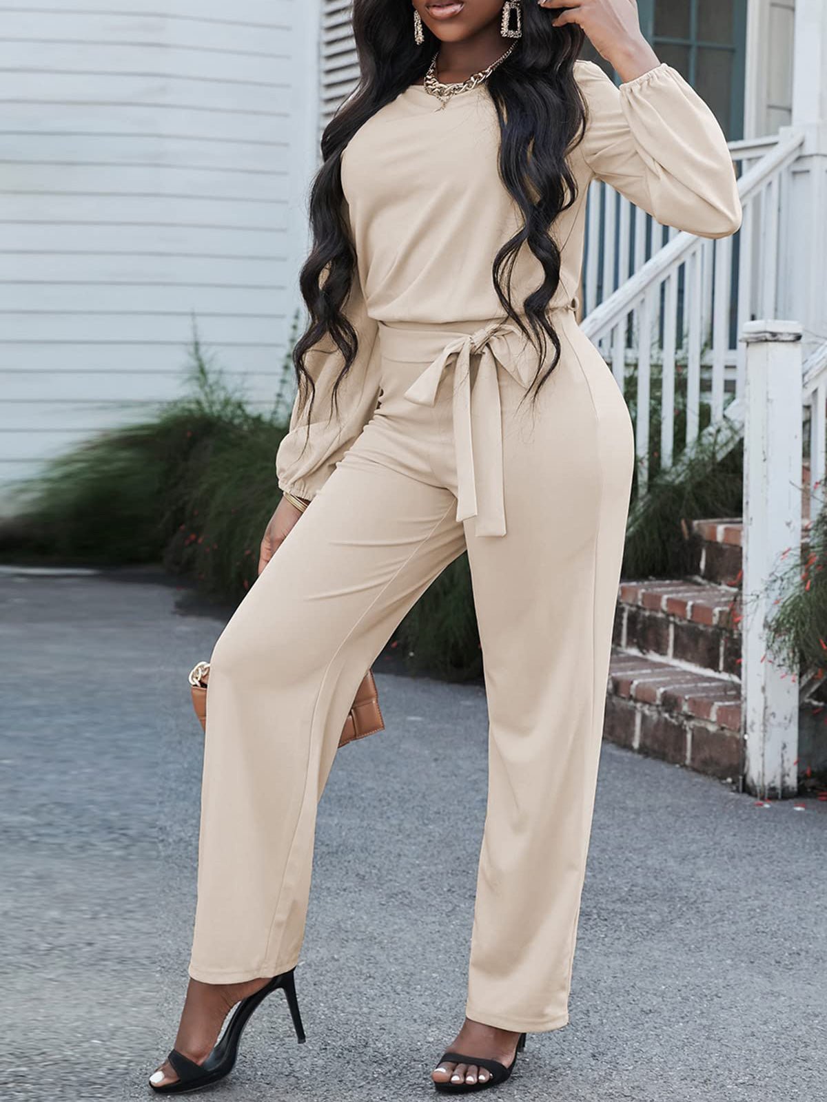 Women's Jumpsuits Solid Long Sleeve Belted Casual Jumpsuit - LuckyFash™