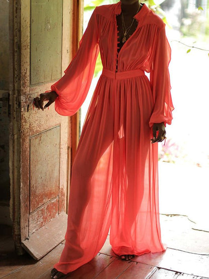 Women's Jumpsuits Solid Long Sleeve Chiffon Wide Leg Jumpsuit - LuckyFash™