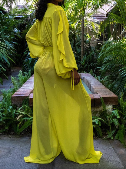 Women's Jumpsuits Solid Long Sleeve Chiffon Wide Leg Jumpsuit - LuckyFash™
